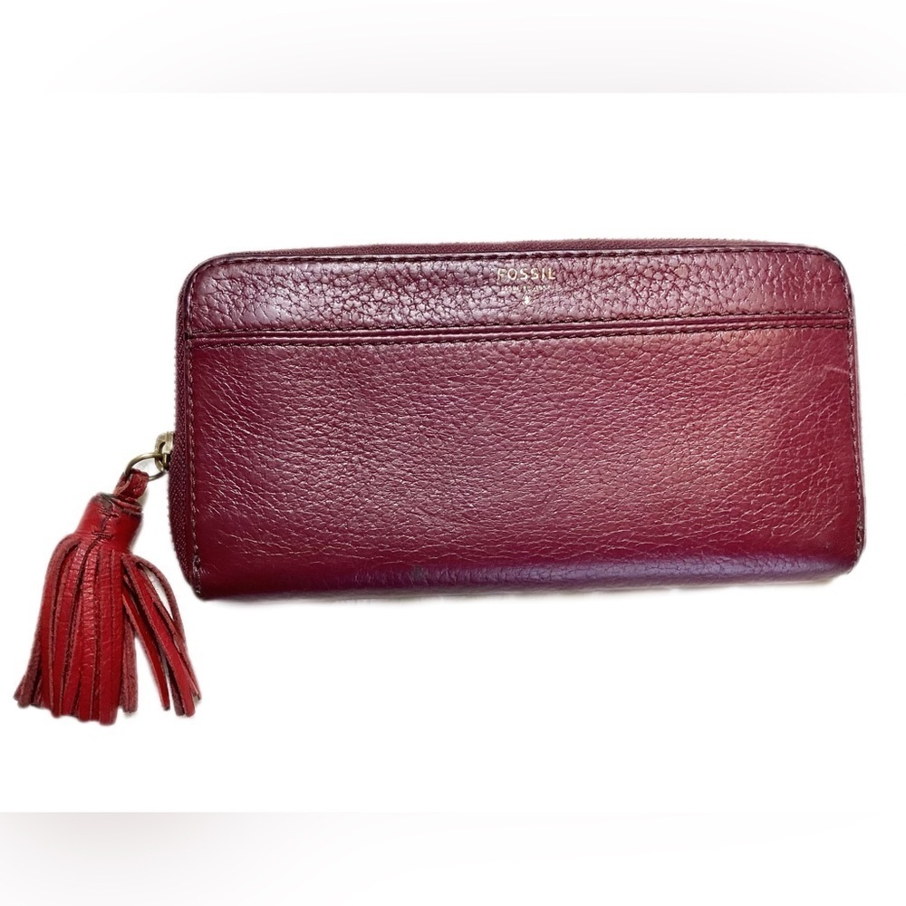 FOSSIL Tassel Wallet Clutch Red Leather Zip Around 7.5”